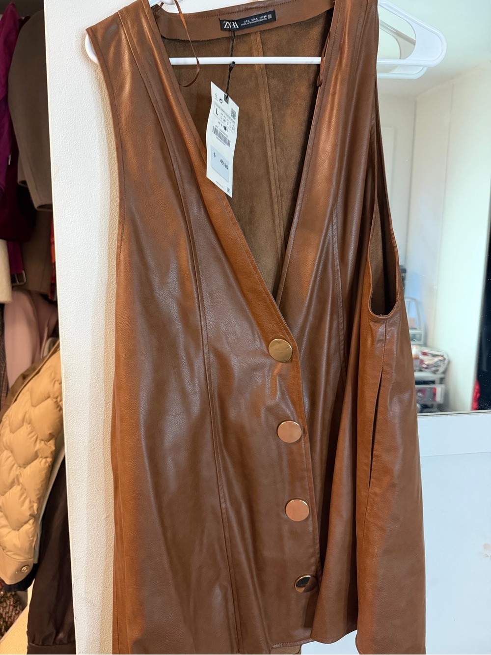 Zara Brown Faux Leather Sleeveless Vest with Gold Buttons